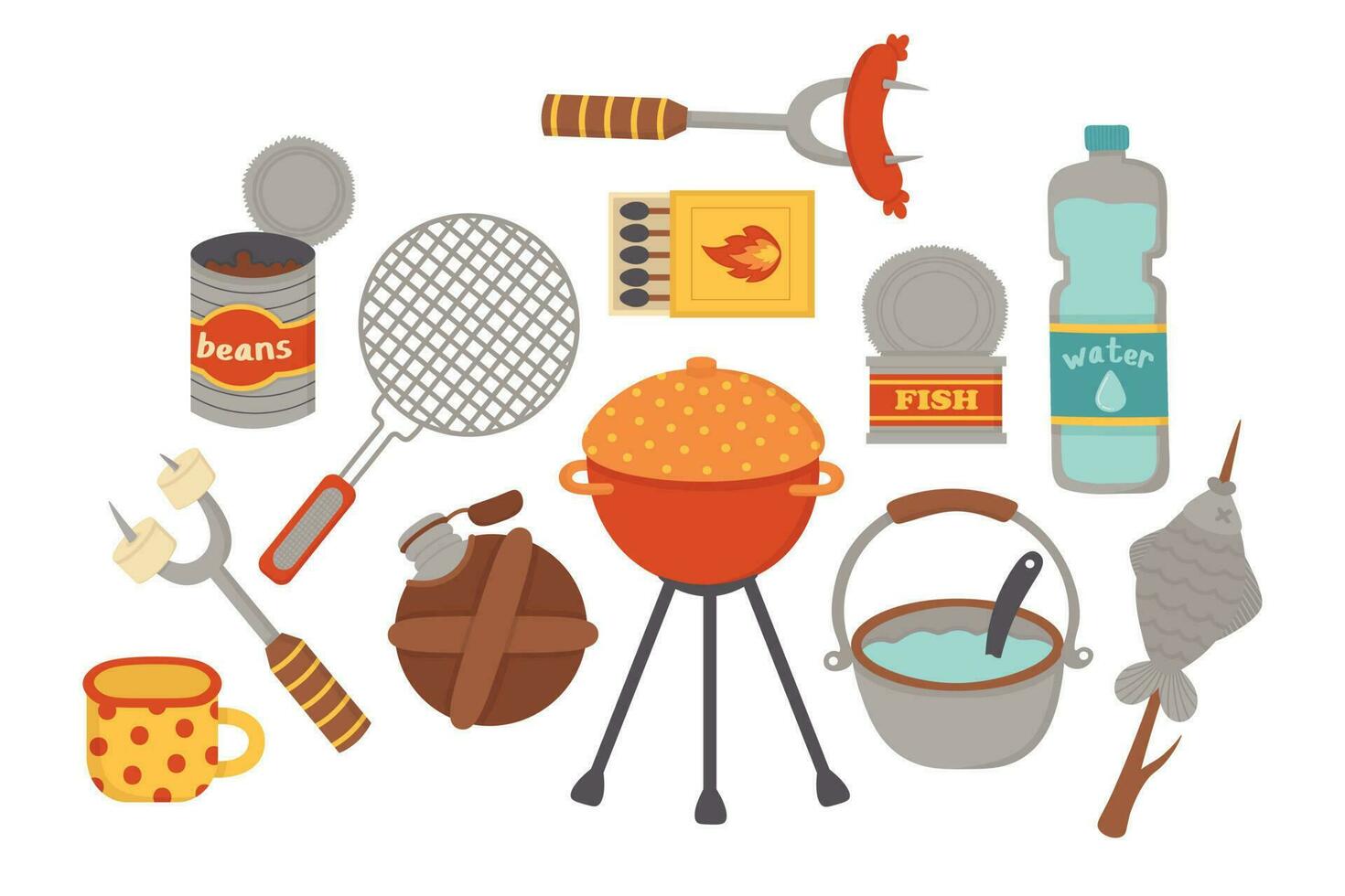 Doodle flat clipart. A set of food for cooking on the street and while traveling. All objects are repainted. vector