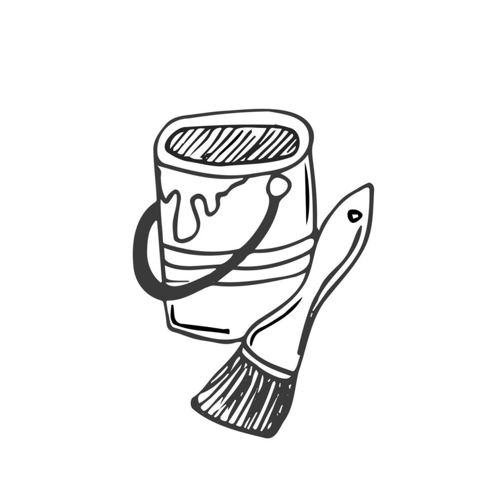 Doodle style painting equipment in vector format including paint can and brush