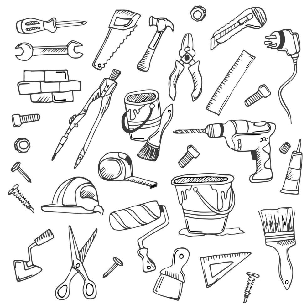Big doodle set of home repair tools in doodle style. hand and electrical tools, wall painting and woodwork tools, different screwdrivers, drills, hammers, bolts, nails and nuts, measuring tools. vector