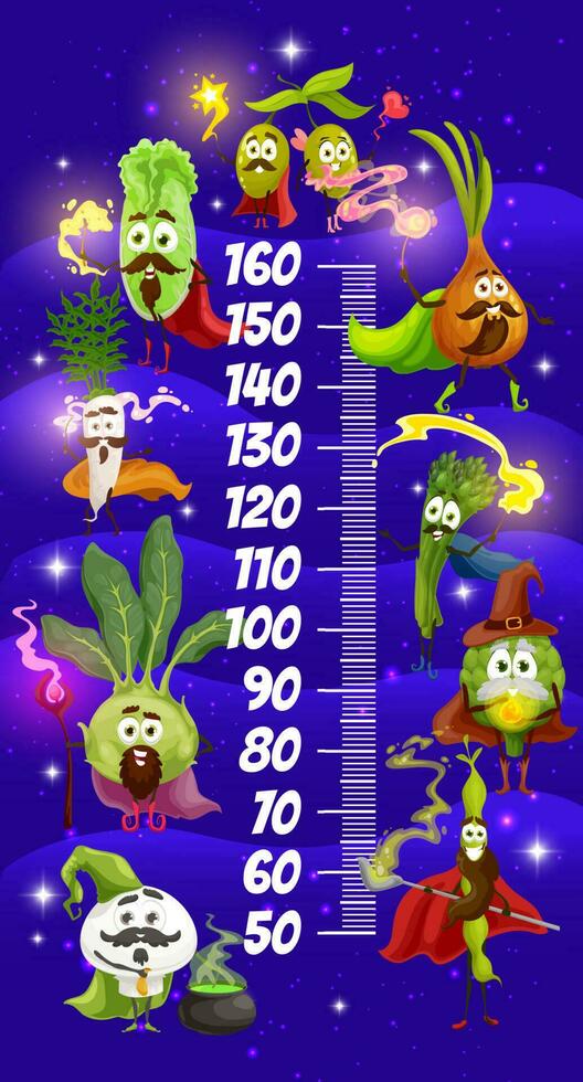 Cartoon magician vegetables, kids height chart vector