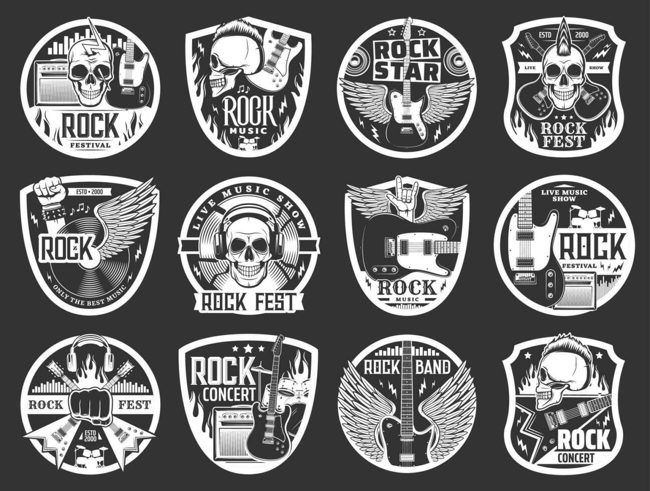 Rock music icons, guitars, drums and rocker skulls vector