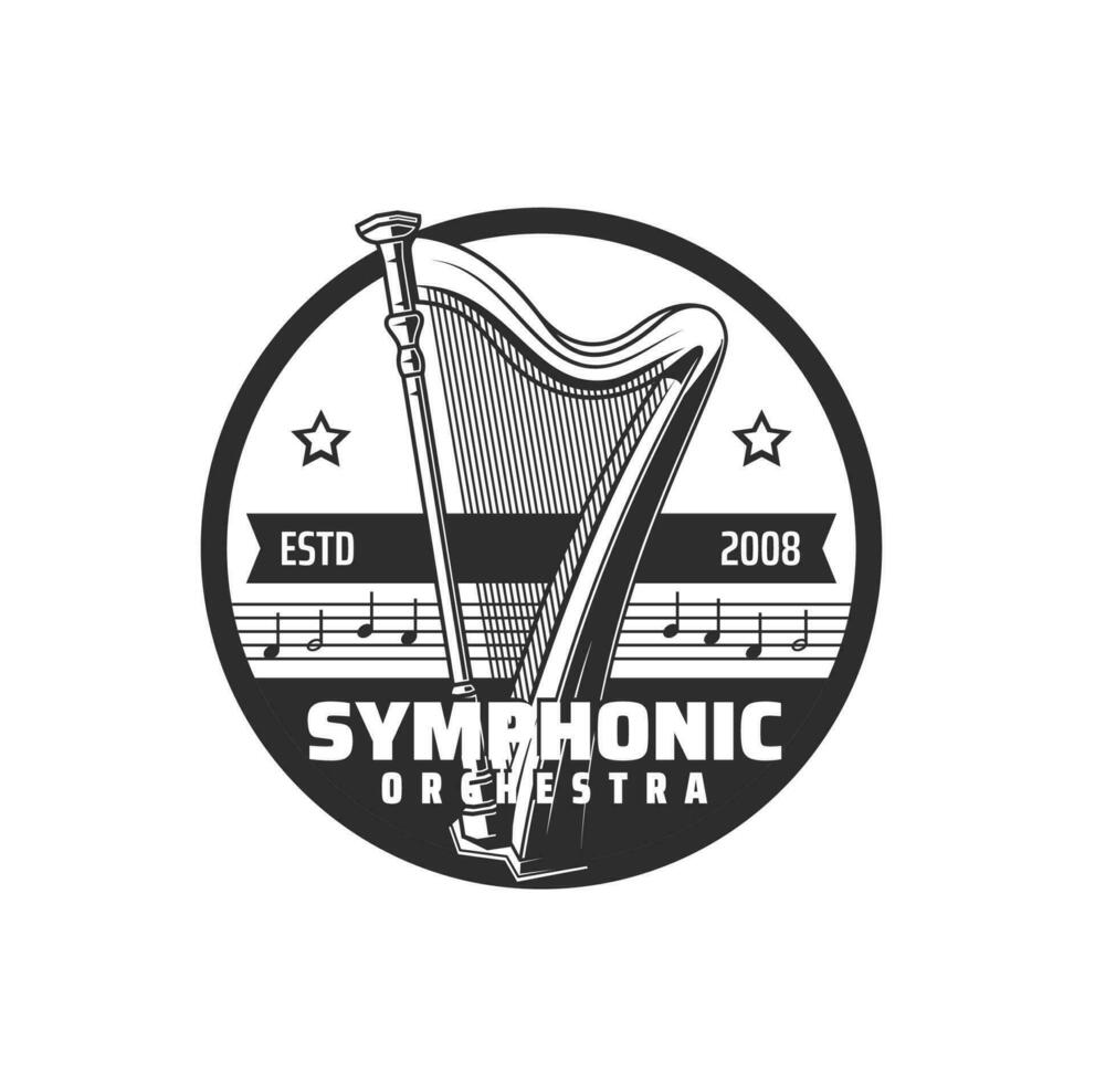 Symphonic orchestra icon, music concert harp notes vector