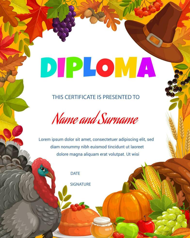 niños diploma acción de gracias pavo, otoño cosecha vector