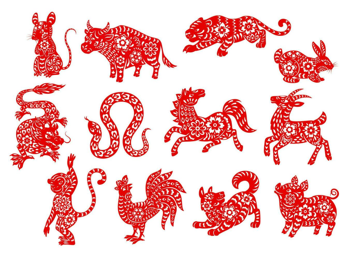 Chinese zodiac horoscope animals of red papercut vector