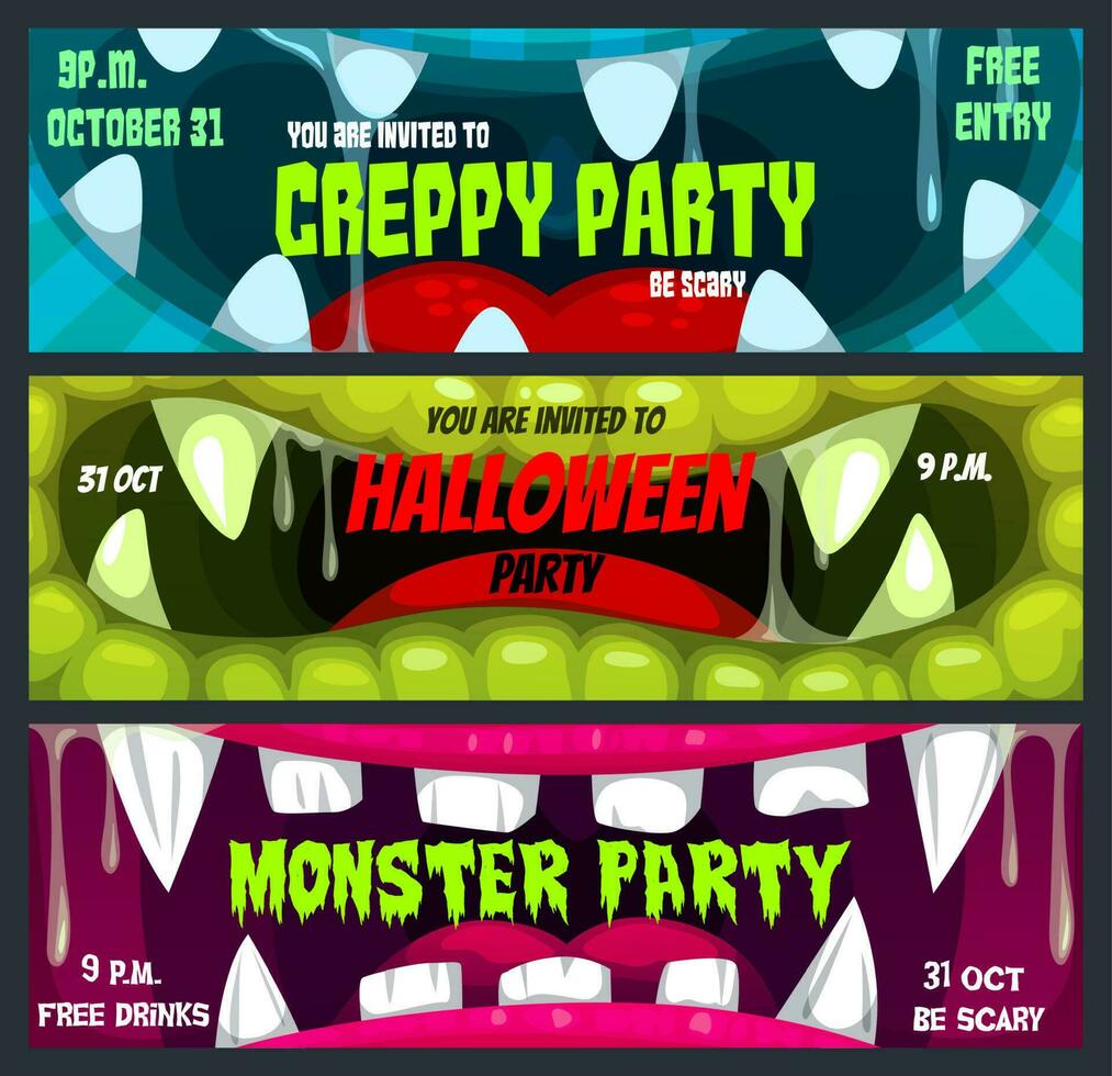 Halloween horror night party banners with monsters vector