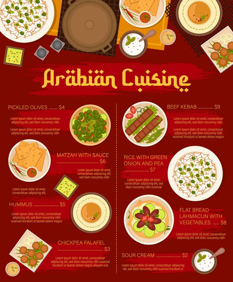 Arabian food restaurant meals menu vector template