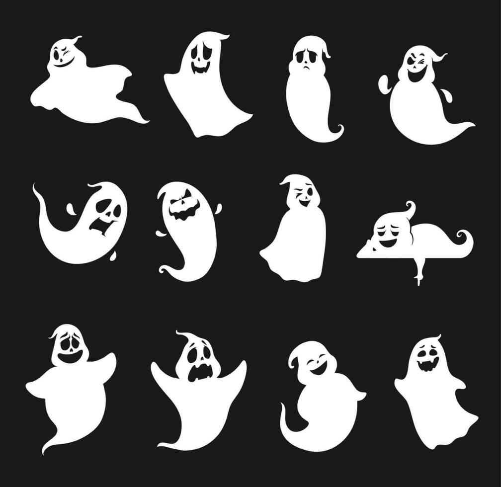 Funny and scary Halloween ghosts silhouettes set vector