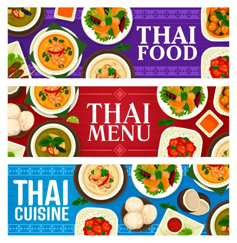 Thai food banners, Thailand cuisine dishes, meals vector