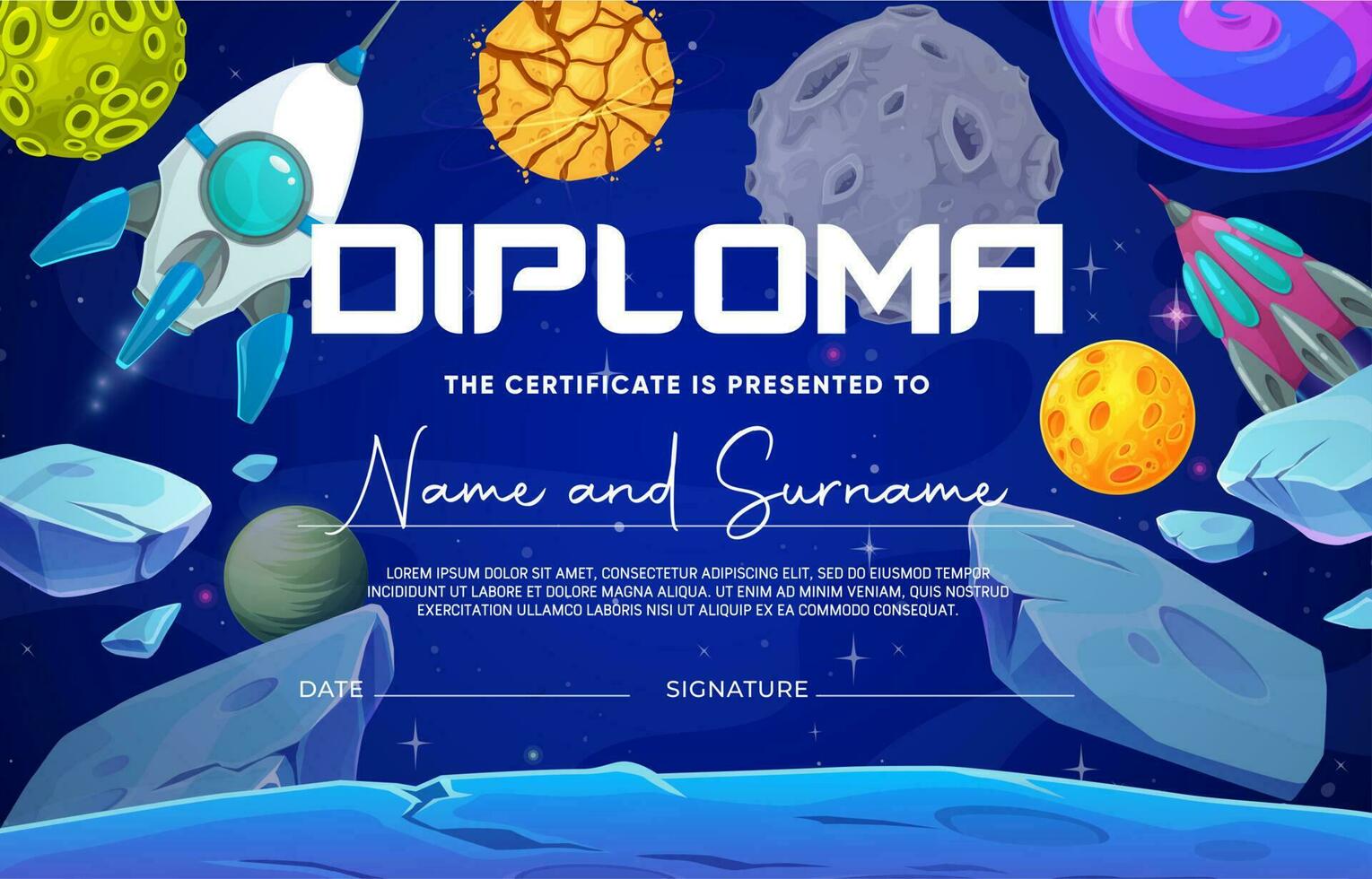 niños diploma, dibujos animados espacio azul planeta, asteroides vector