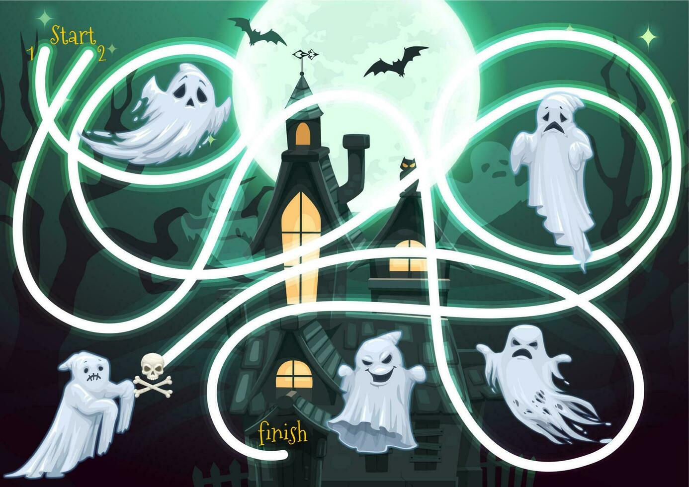 Kids maze game with Halloween ghosts characters vector