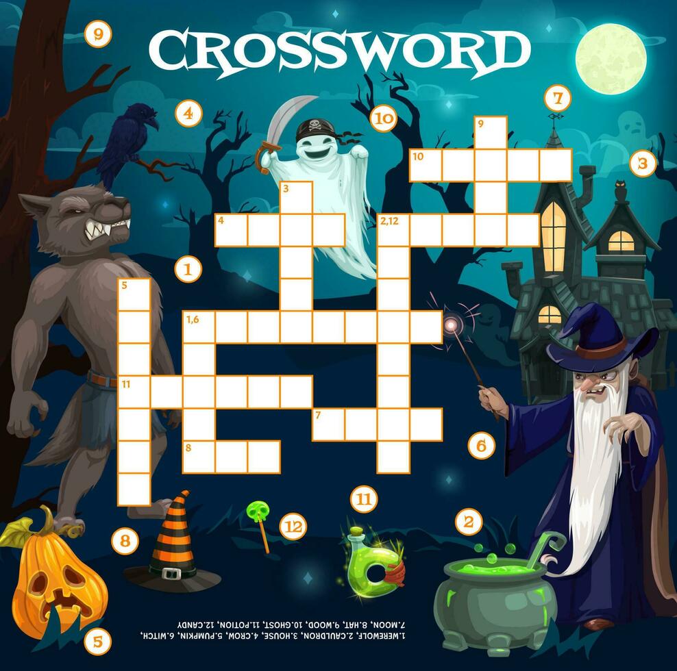 Cartoon Halloween characters crossword grid quiz vector