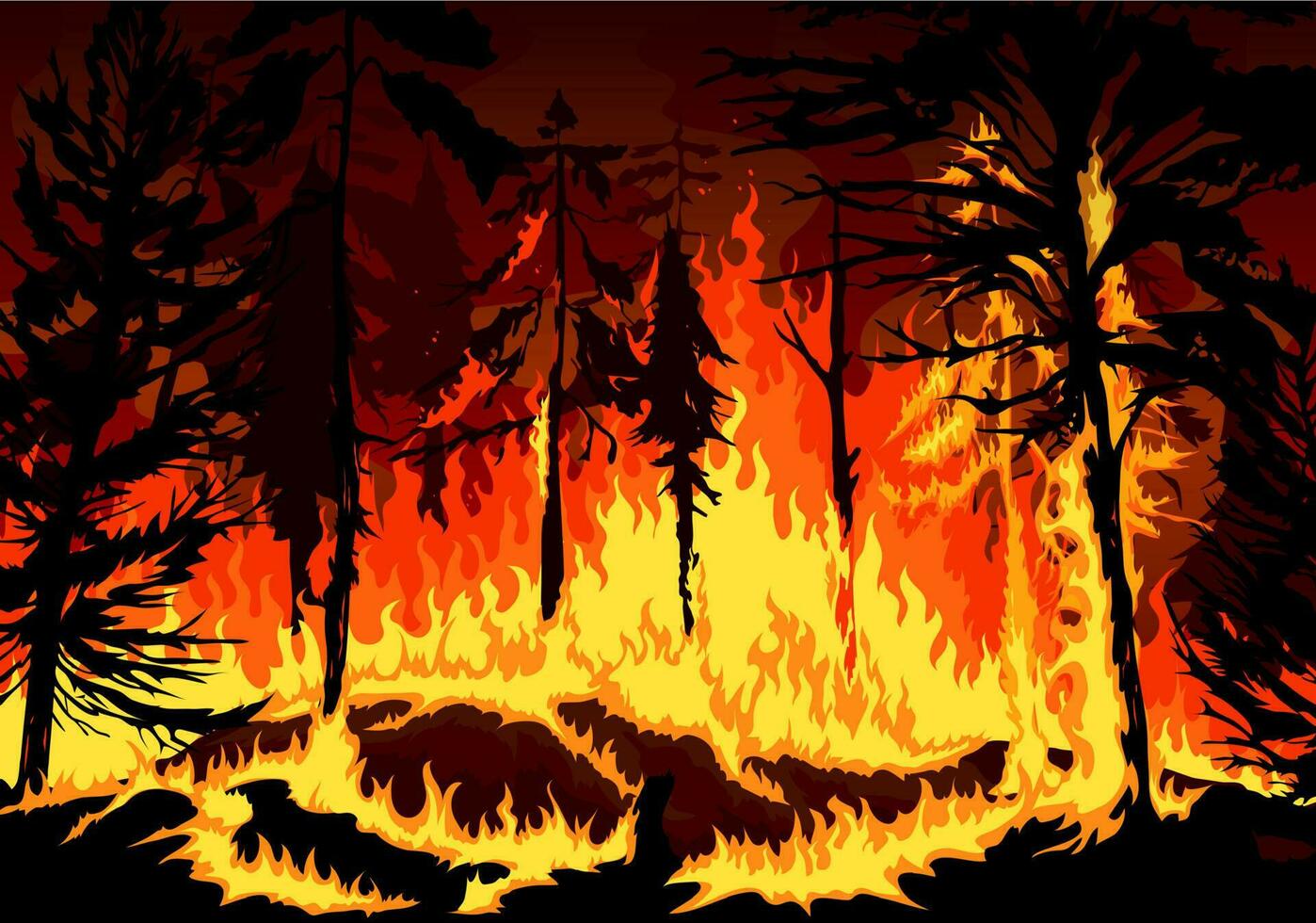 bosque fuego, fuego fatuo desastre con ardiente arboles vector