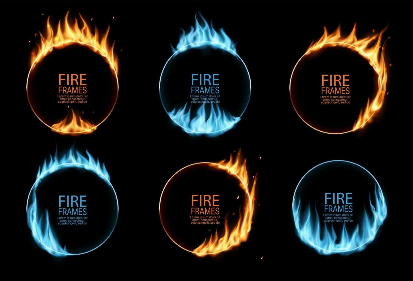 Round frames with fire, gas flames or circle rings vector