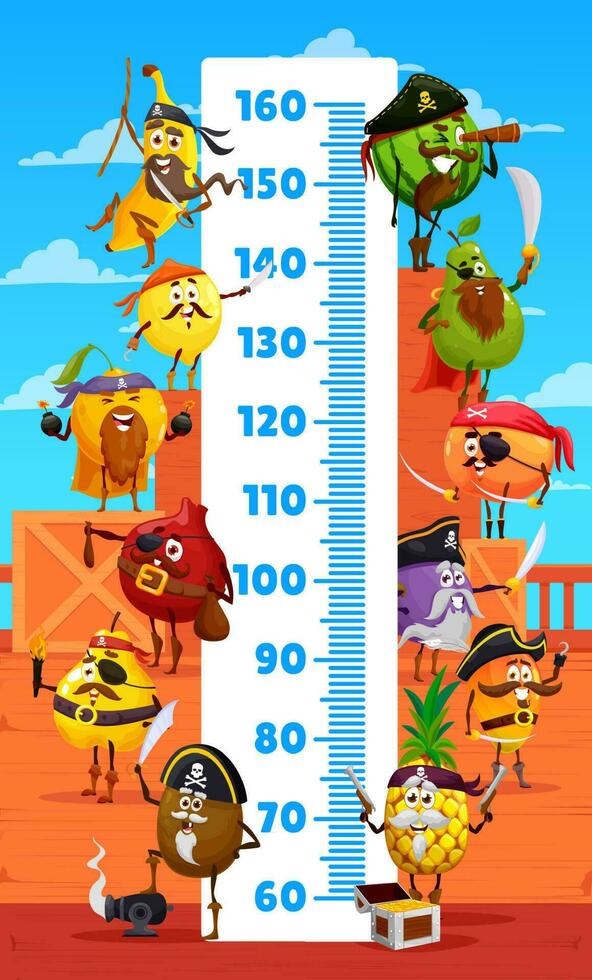 Kids height chart, cartoon fruit pirates corsairs vector