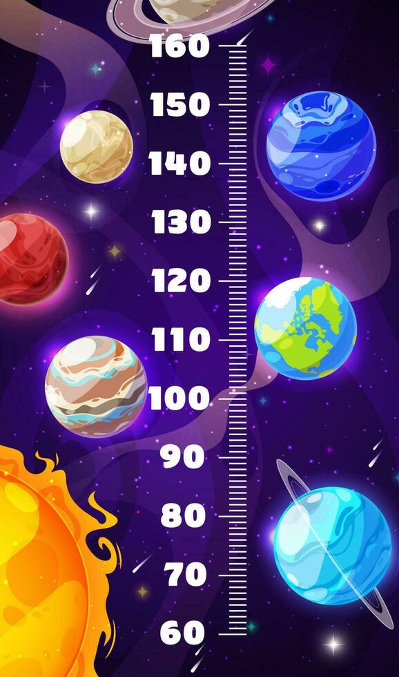 Kids height chart, cartoon galaxy space planets vector