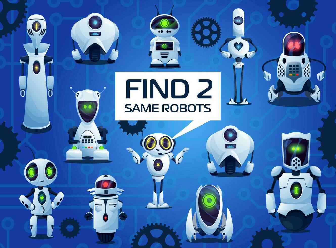 Find two same robots cartoon kids game, riddle vector
