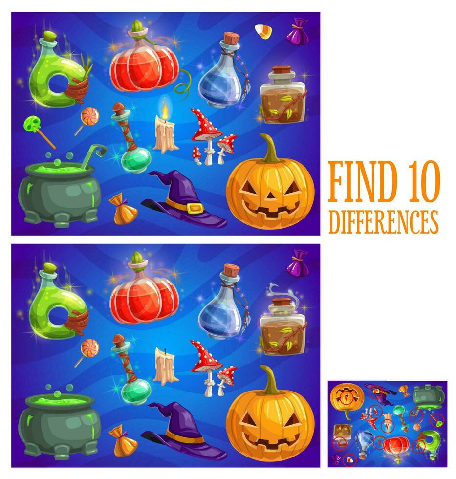 Kids find ten differences Halloween logical game vector