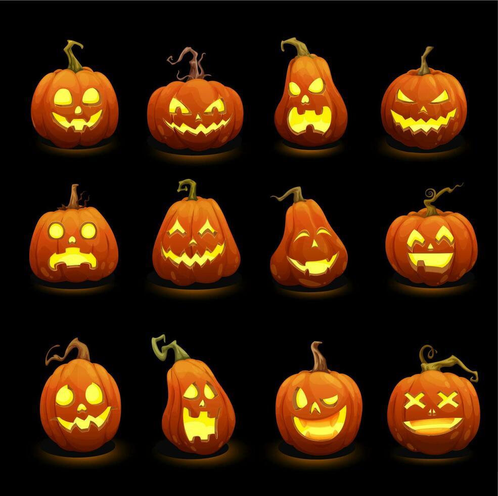 Víspera de Todos los Santos calabazas caras brillante en oscuridad vector