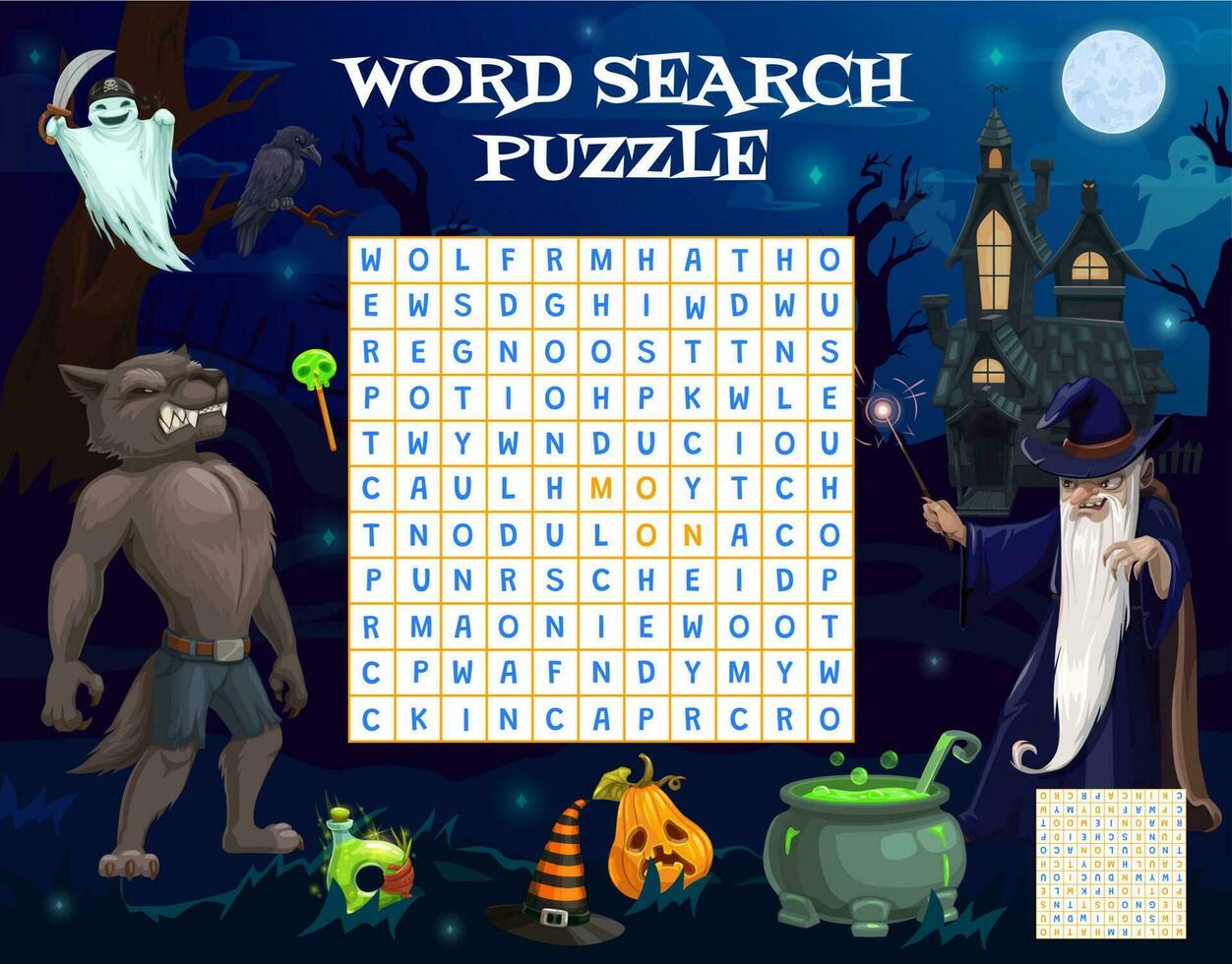 Halloween word search game worksheet to find word vector