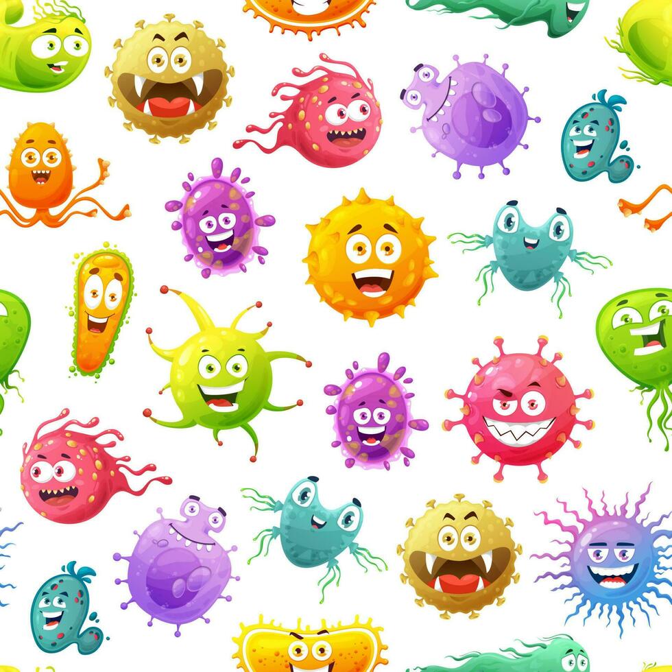 Viruses, microbes, germs cartoon seamless pattern vector