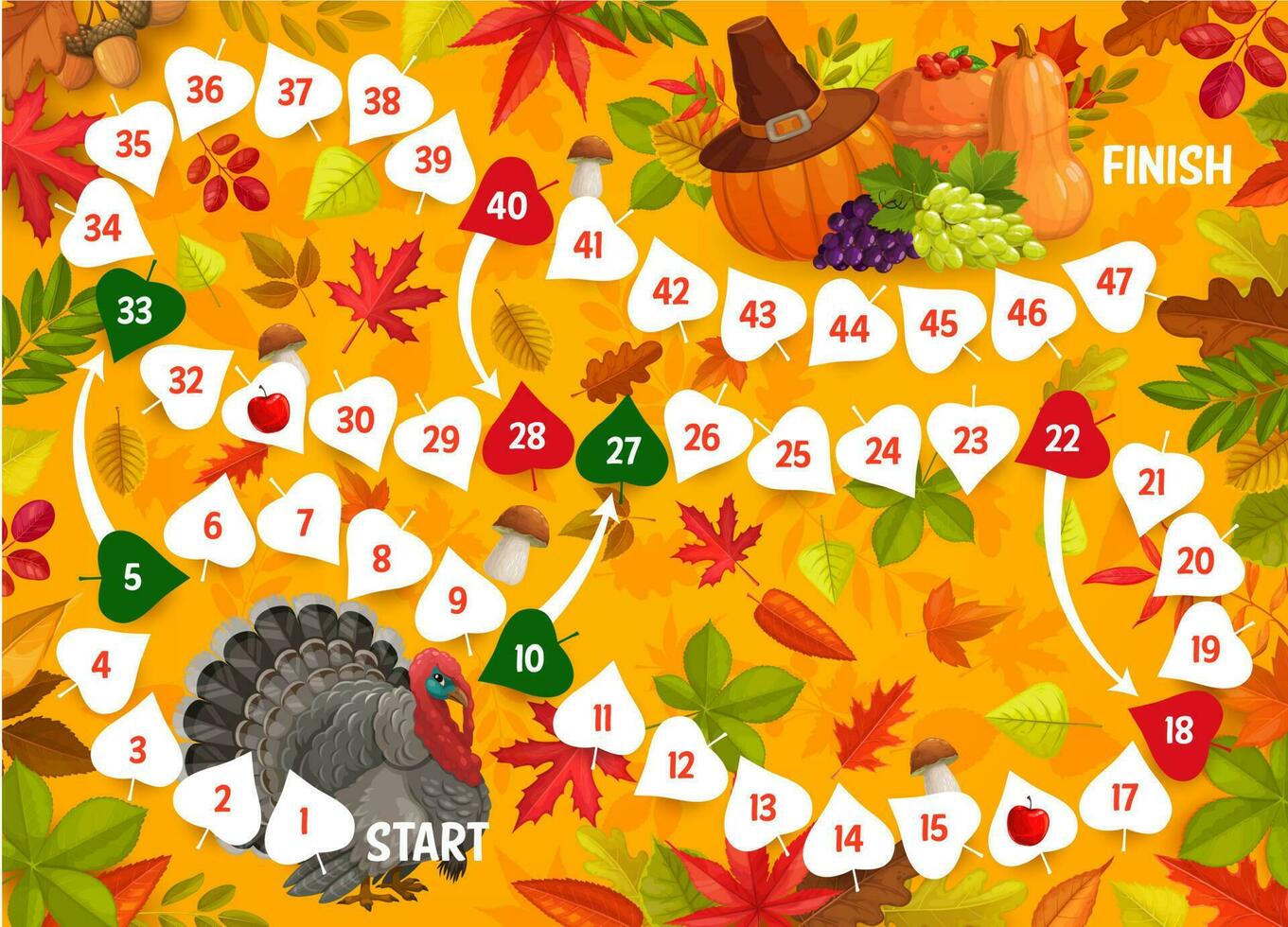 Thanksgiving board game, turkey, leaves, harvest vector