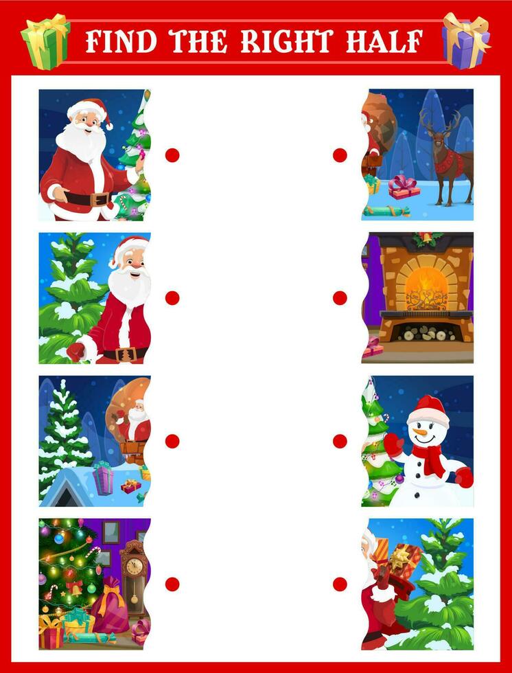 Matching halves game with Christmas characters vector