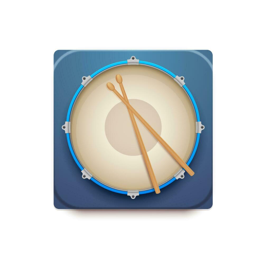 Musical drum kit app vector icon with sticks