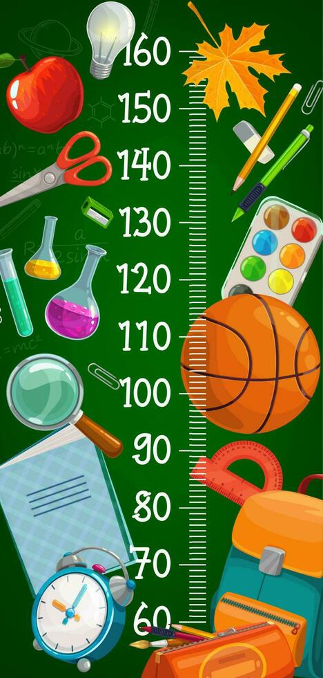 Kids height chart with cartoon school stationery vector