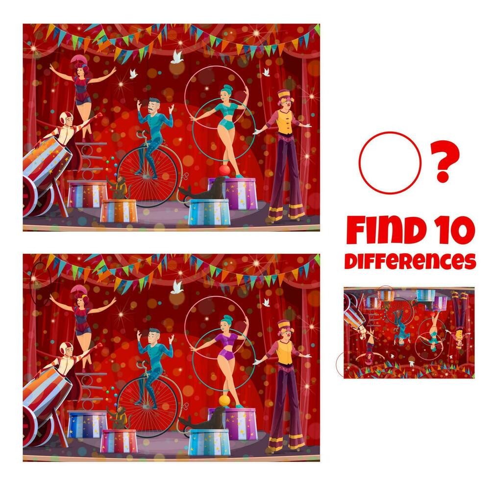 Find differences, circus stage with performers vector