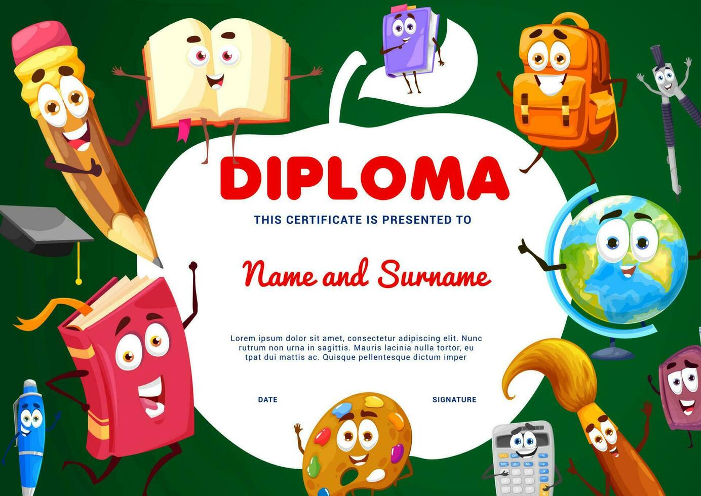 Education diploma apple shape, school characters vector
