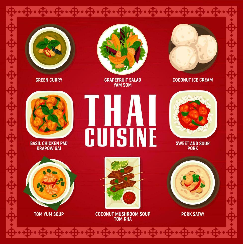 Thai cuisine, Asian food Tom Yum soup and curry vector