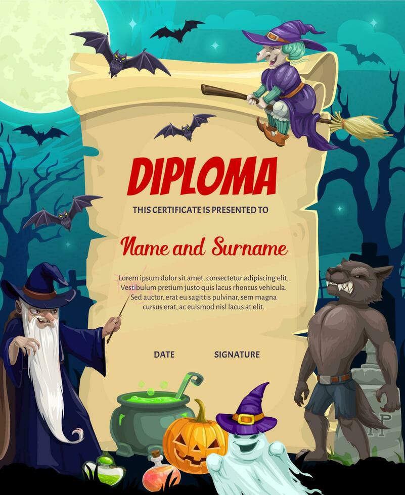 Kids diploma certificate with Halloween monsters vector