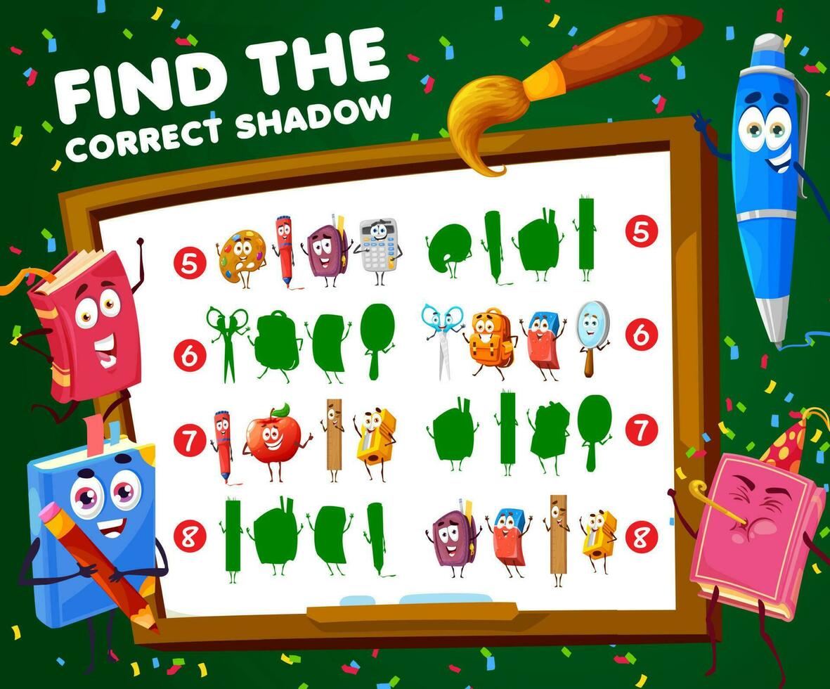 Find correct shadow of school characters kids game vector