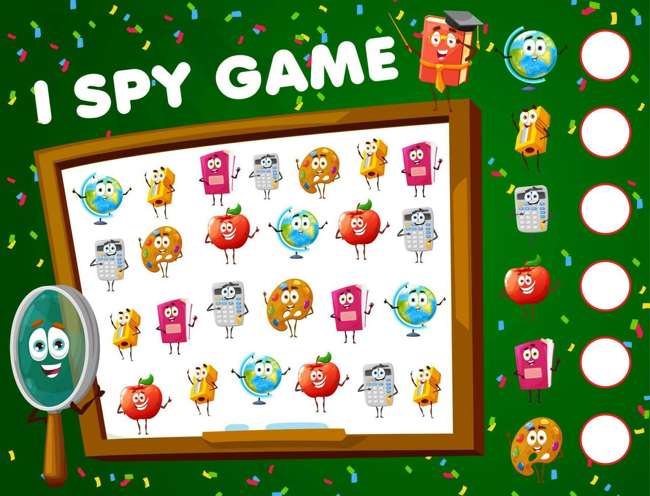 I spy game, math game worksheet, school characters vector