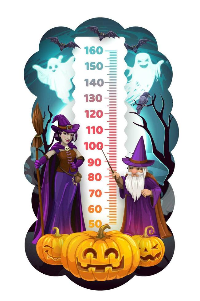 Kids height chart with Halloween monsters, lantern vector
