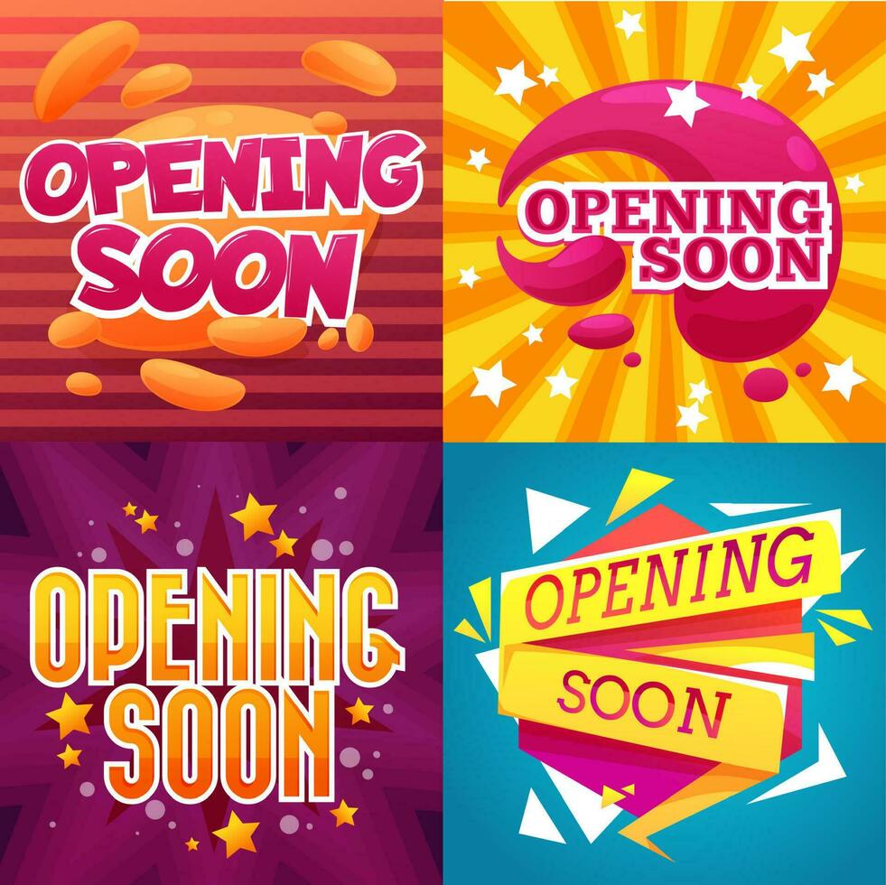 Opening soon cartoon banners and shop store signs vector