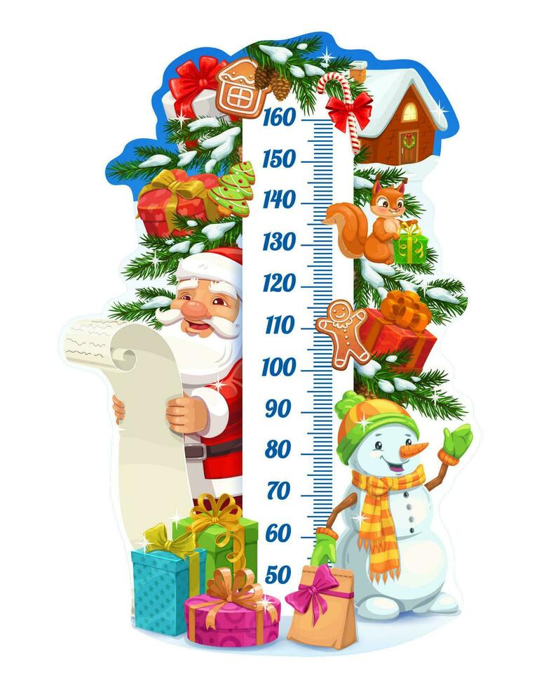 Navidad Papa Noel y regalos niños altura cuadro, metro vector