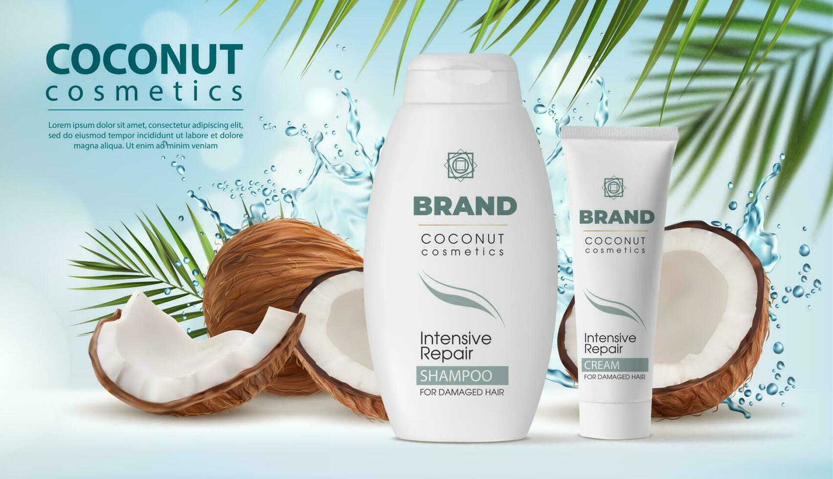 Coconut cosmetics, shampoo and cream, water splash vector