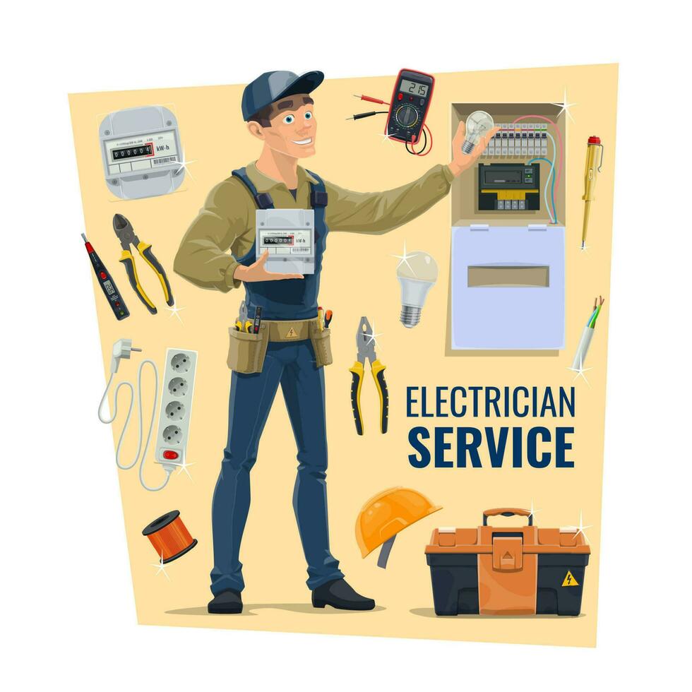 Electrician worker, tools and supplies vector