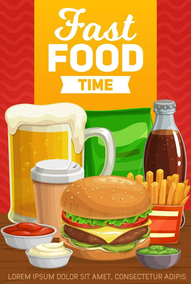 Fast food burgers, drinks and snacks menu vector