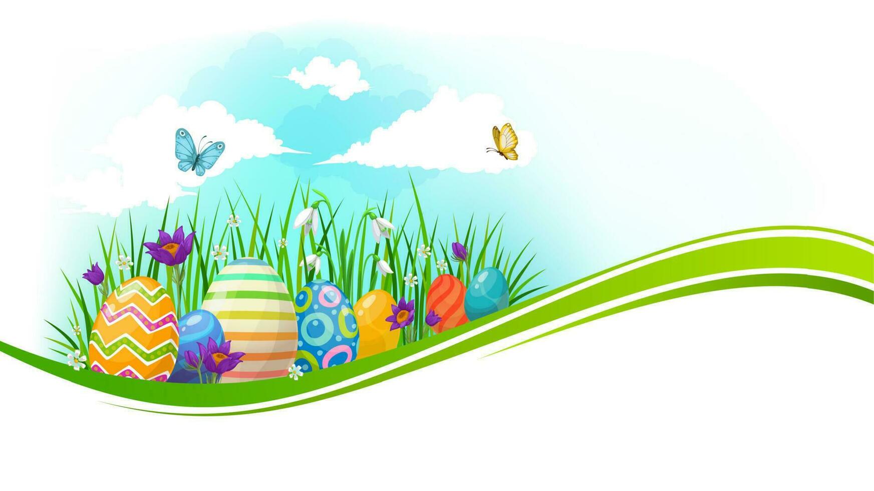 Easter eggs with green grass and flower wave vector