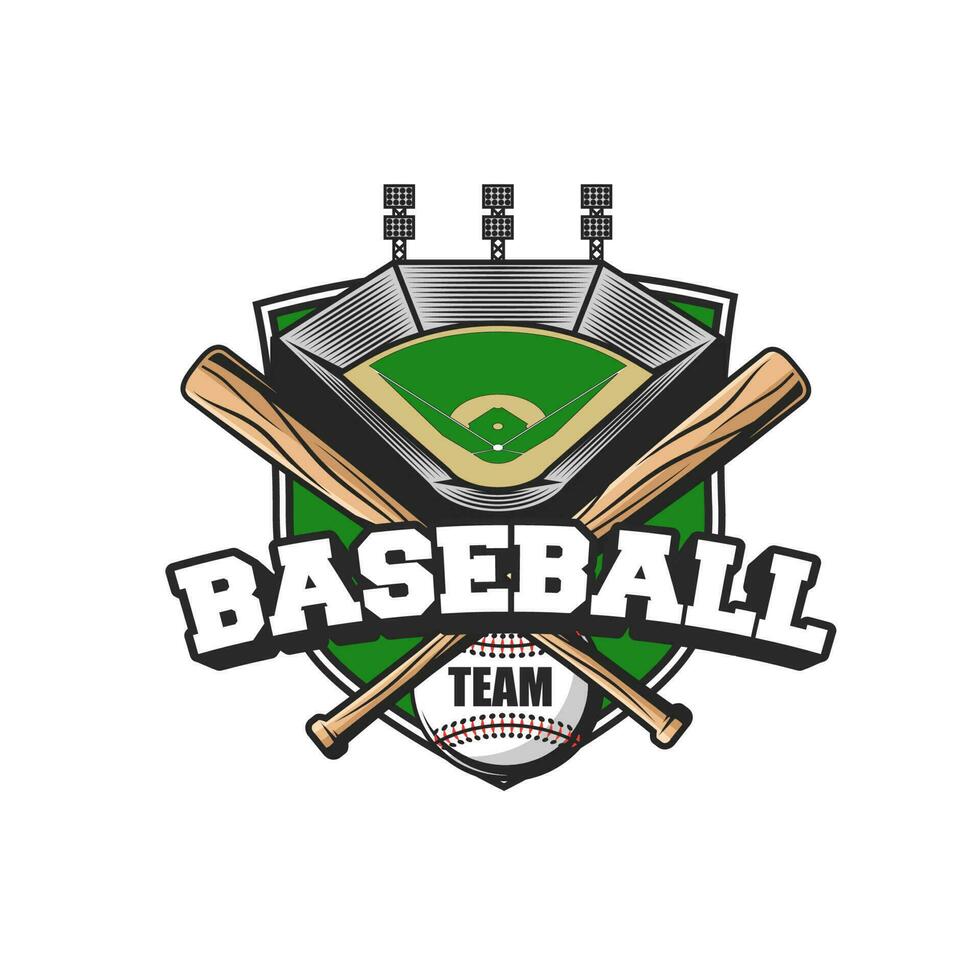 Baseball sport team icon, ball, bats and stadium vector