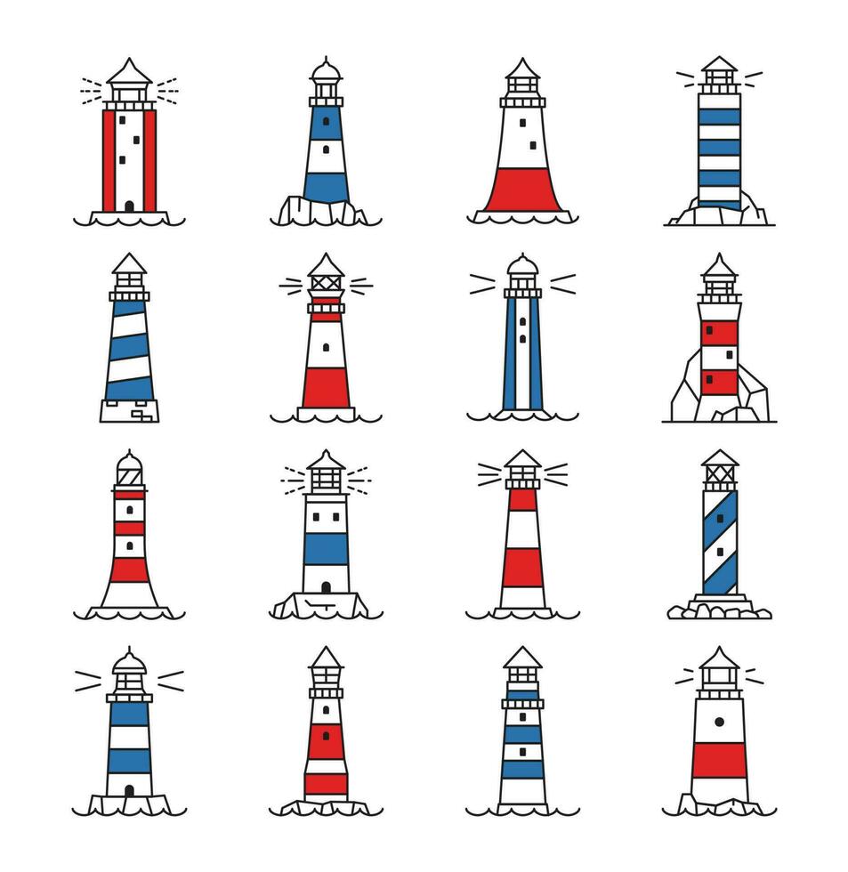 Lighthouse and beacon building outline icons vector