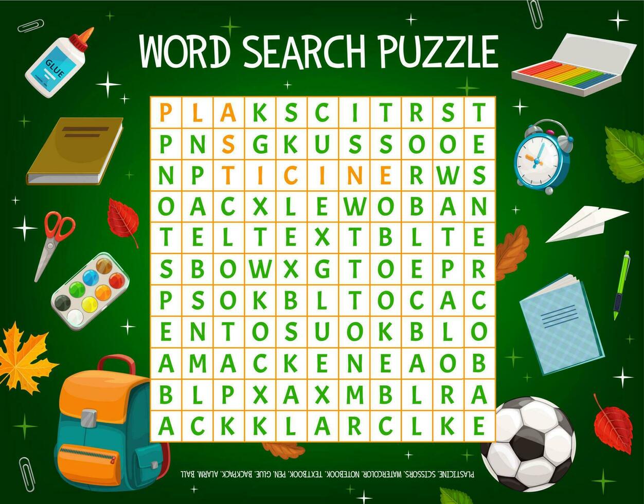 Word puzzle game grid with school education items vector