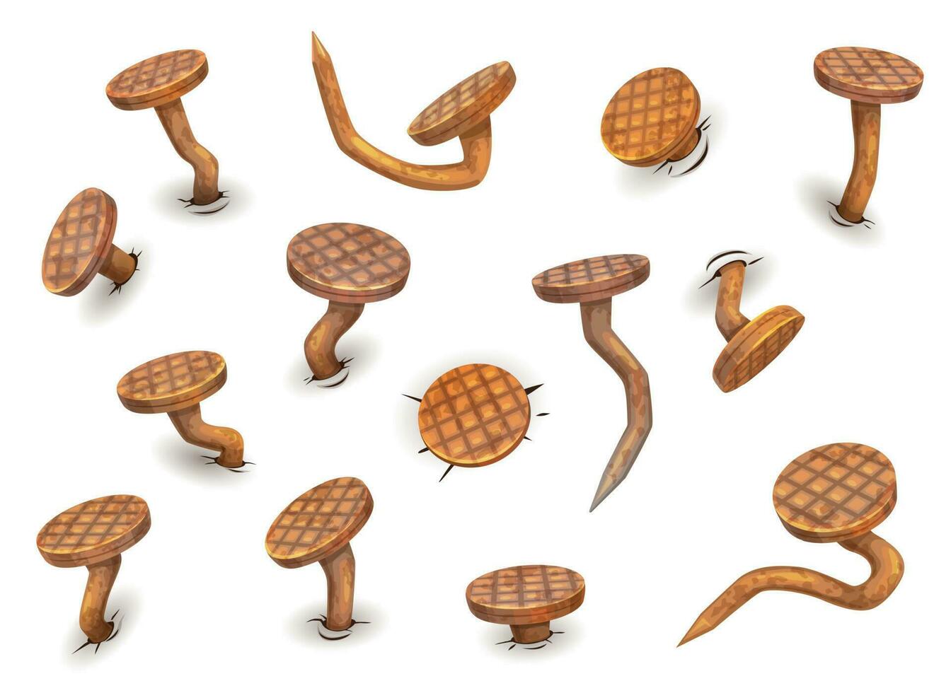 Cartoon isolated rusty bent nails and hobnails vector