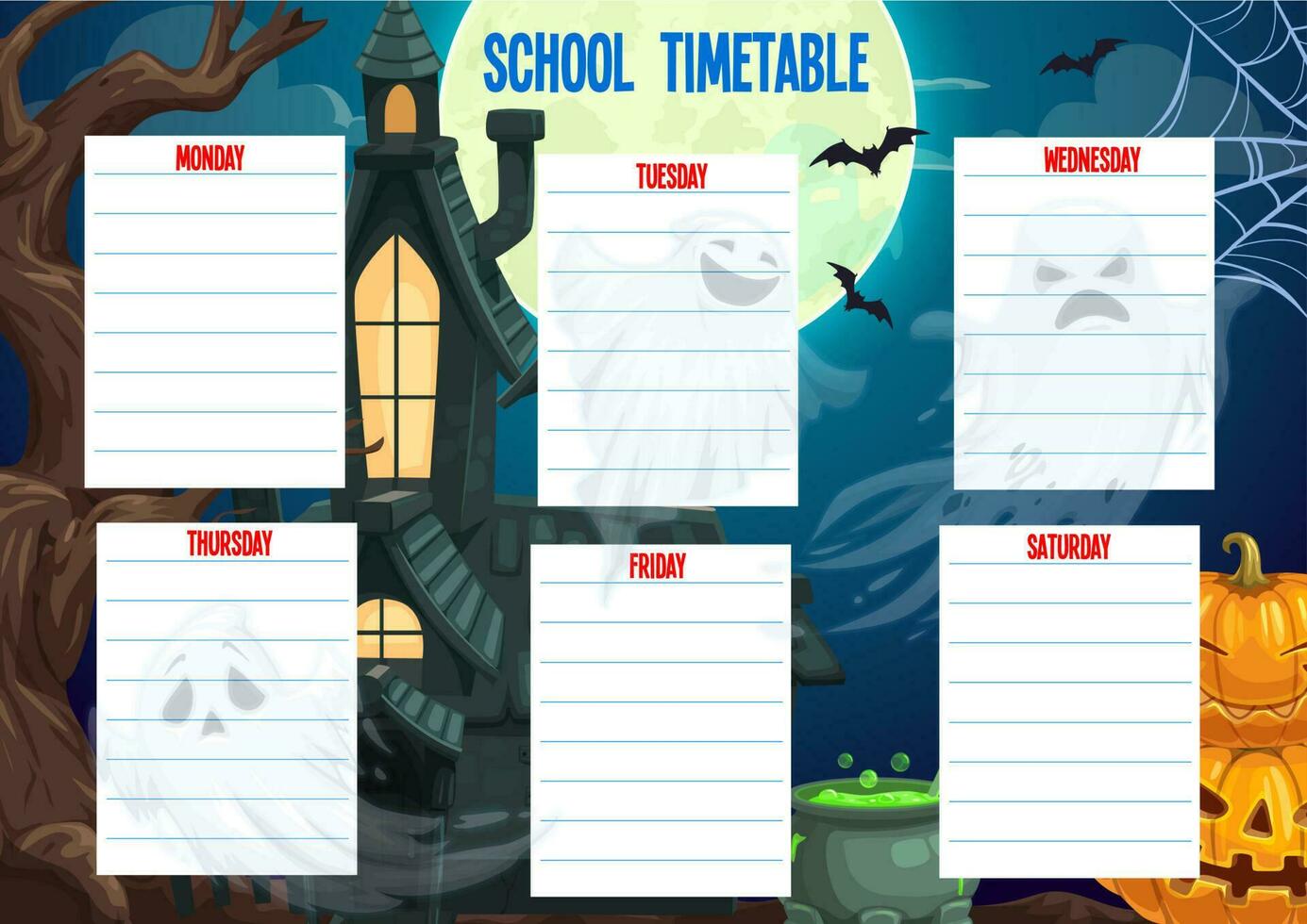 School timetable schedule Halloween weekly planner vector