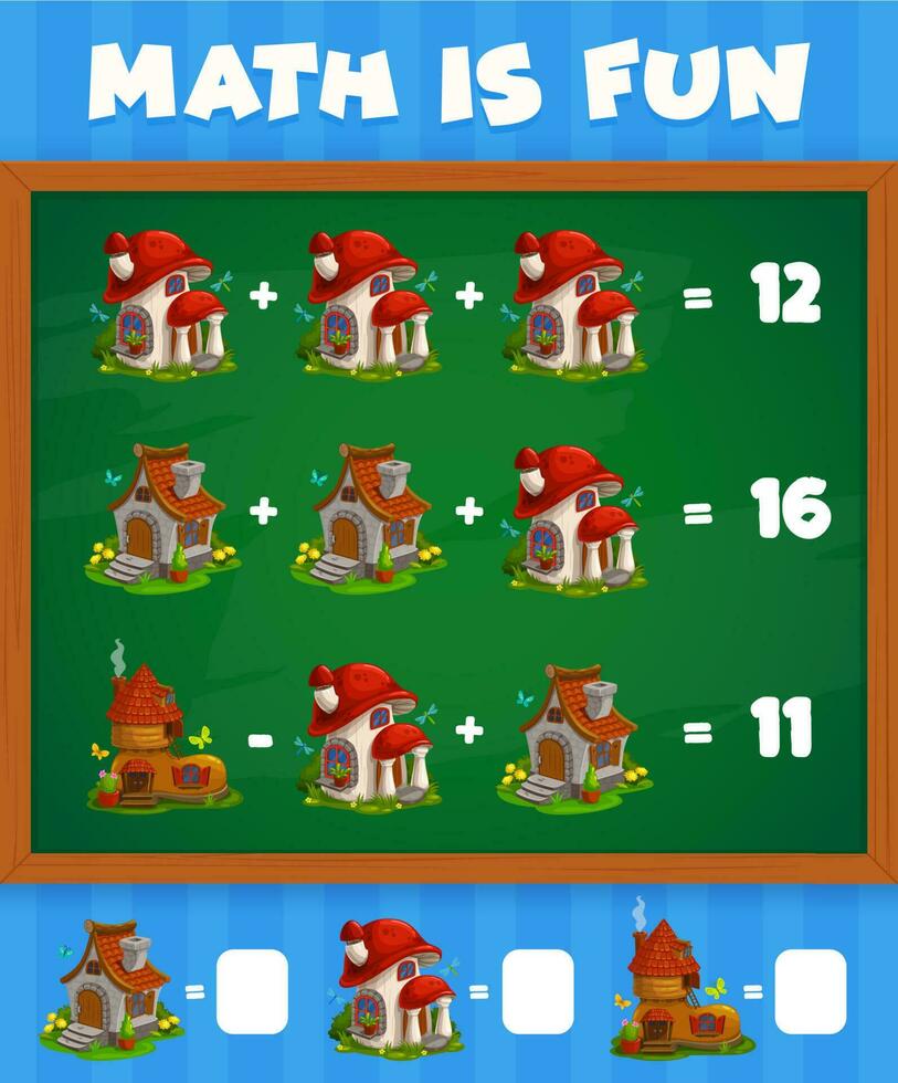 Math game worksheet, kids riddle with fairy houses vector