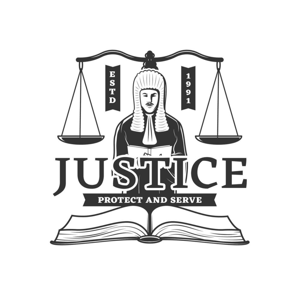 Judge and scales of justice isolated vector icon