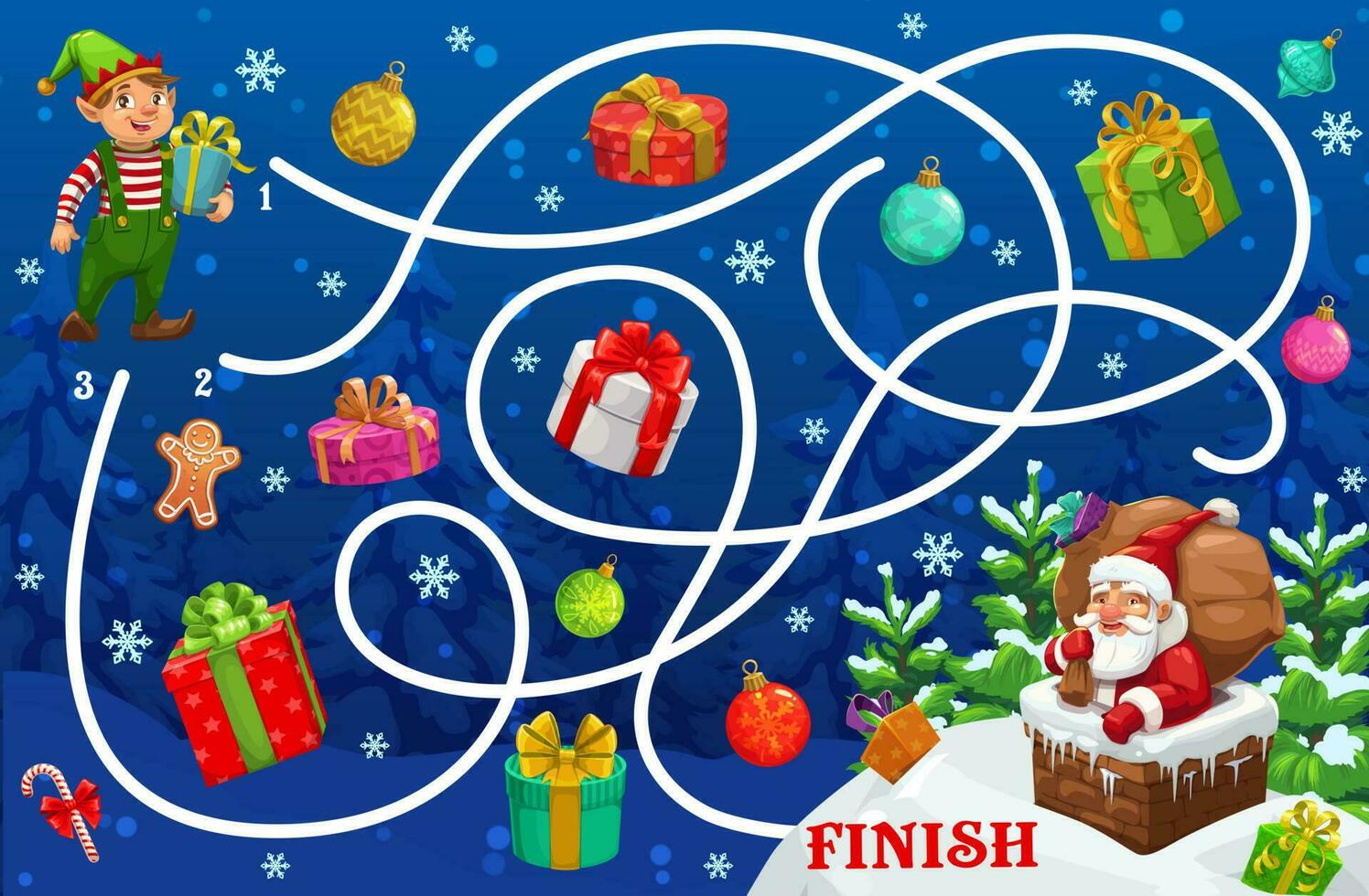 Christmas maze game with Santa and gifts labyrinth vector