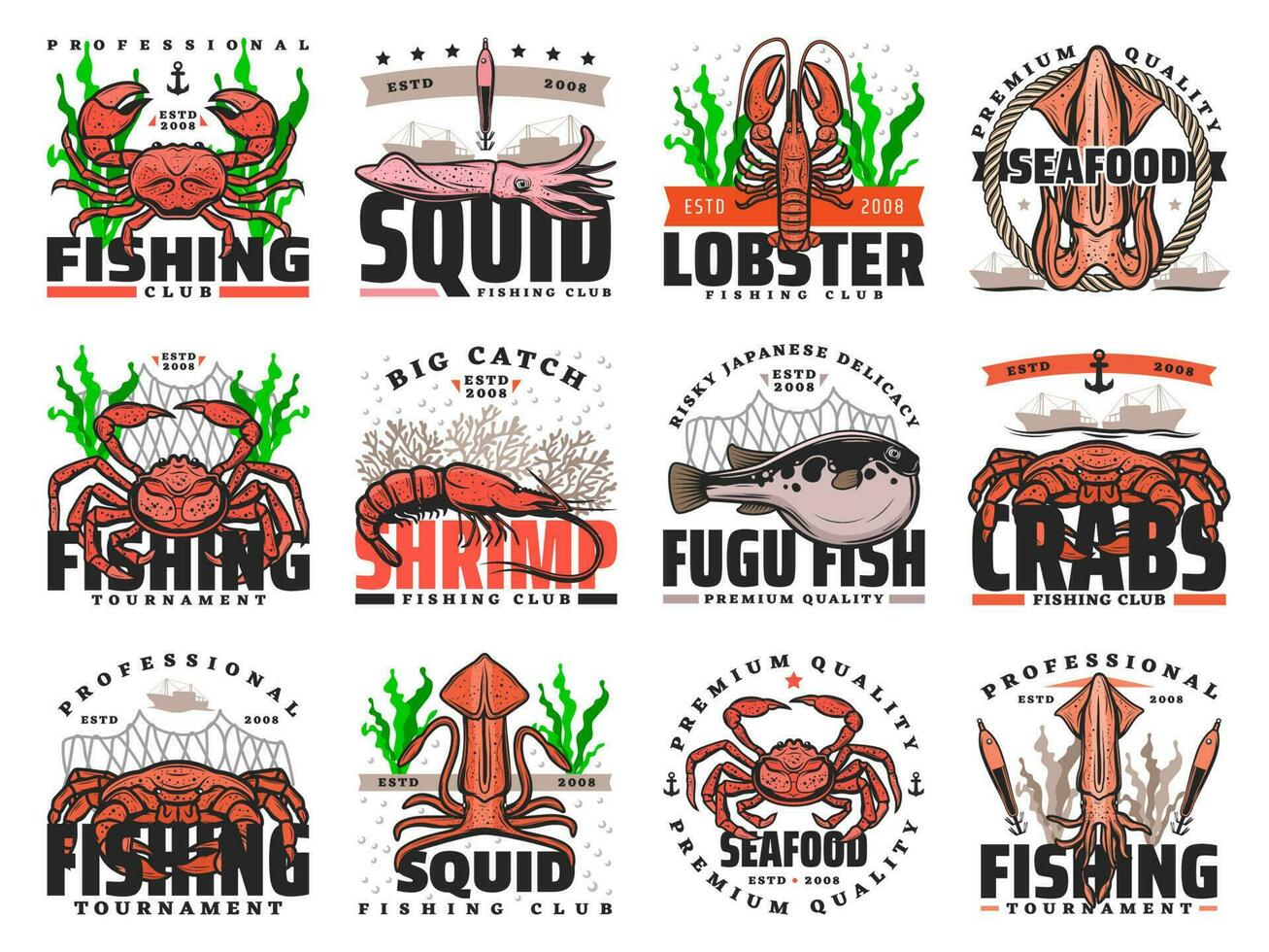 Seafood, fish and fishing sport isolated icons vector